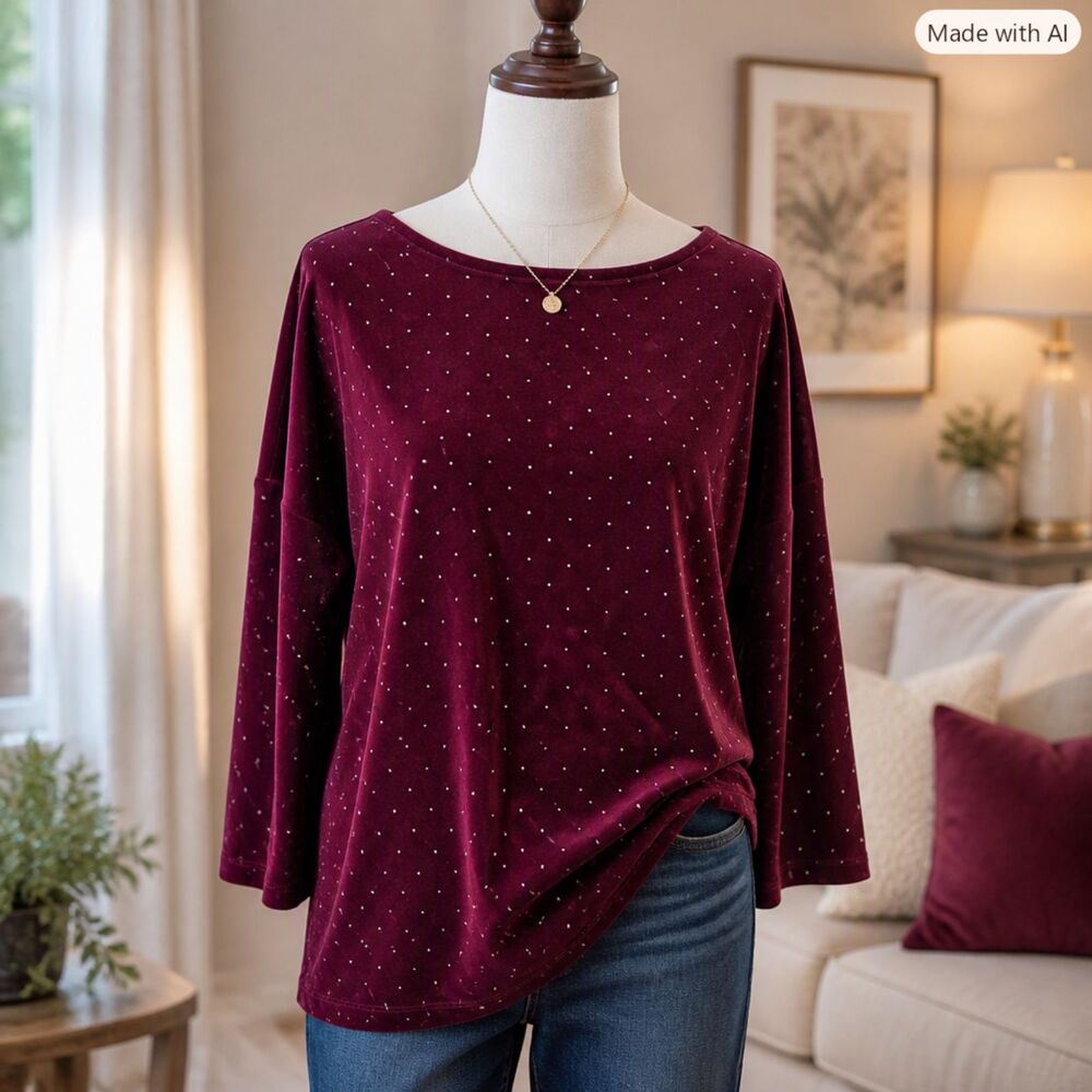 Anne Klein Burgundy Velvet Tunic – Size 2X, Elegant Sparkle Style